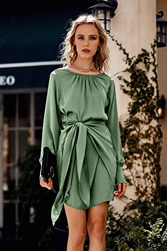 PRETTYGARDEN Women's Spring Satin Dress Long Sleeve Tie Waist Elegant Cocktail Party Mini Fall Dresses(Army Green,Medium)