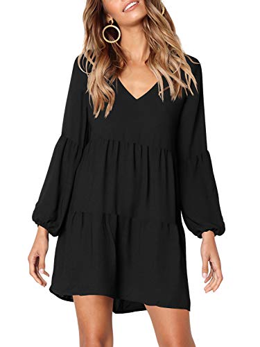 Amoretu Women Summer Casual Swing Ruffle Long Sleeve Tunic Dress Black L