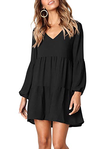 Amoretu Women Summer Casual Swing Ruffle Long Sleeve Tunic Dress Black L