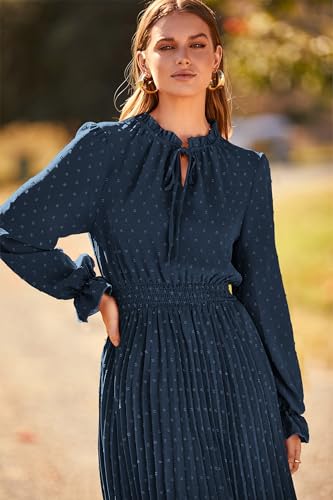 PRETTYGARDEN Women's 2024 Fall Midi Dress Casual Long Sleeve V Neck Swiss Dot Pleated A Line Flowy Dresses (Navy,Medium)