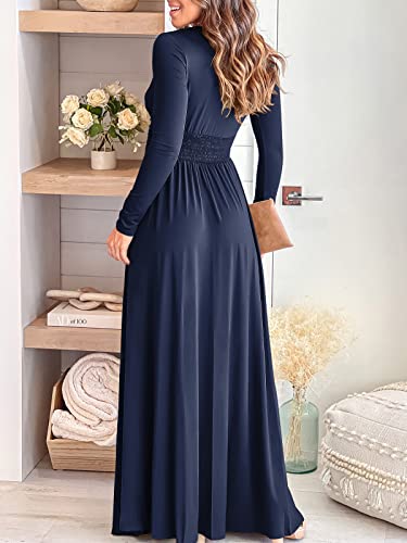 ANRABESS Women Deep V Neck Long Sleeve Slit 2024 Fall Elegant Formal Wedding Guest Cocktail Evening Date Prom Maxi Long Dress Navy Blue Medium