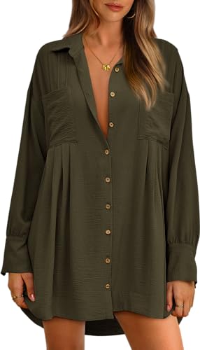 BTFBM Women's Long Sleeve Shirt Dresses Spring Summer Tops V Neck Pleated Flowy Casual Button Down Tunic Dress Pockets(Solid Army Green, Small)