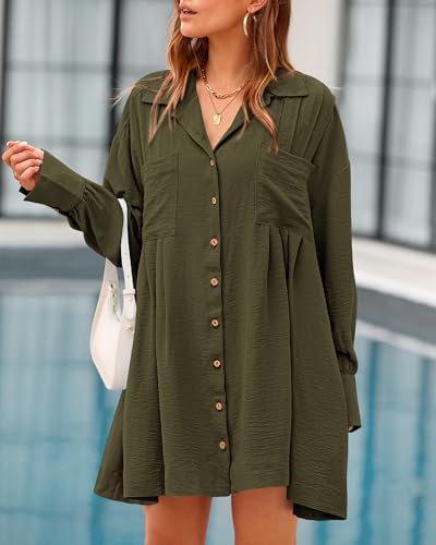 BTFBM Women's Long Sleeve Shirt Dresses Spring Summer Tops V Neck Pleated Flowy Casual Button Down Tunic Dress Pockets(Solid Army Green, Small)