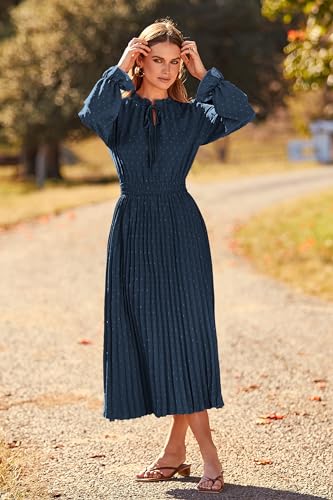 PRETTYGARDEN Women's 2024 Fall Midi Dress Casual Long Sleeve V Neck Swiss Dot Pleated A Line Flowy Dresses (Navy,Medium)