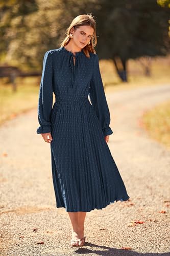 PRETTYGARDEN Women's 2024 Fall Midi Dress Casual Long Sleeve V Neck Swiss Dot Pleated A Line Flowy Dresses (Navy,Medium)