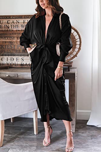 BTFBM Women Long Sleeve Satin Dress 2024 Spring Summer Lapel V Neck Button Down Belted Elegant Ruched Maxi Shirt Dresses(Solid Black, Medium)