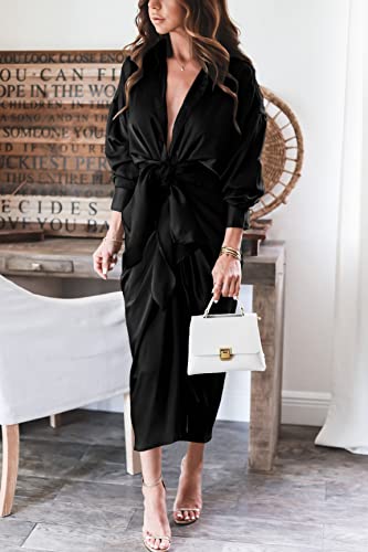 BTFBM Women Long Sleeve Satin Dress 2024 Spring Summer Lapel V Neck Button Down Belted Elegant Ruched Maxi Shirt Dresses(Solid Black, Medium)