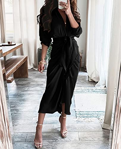 BTFBM Women Long Sleeve Satin Dress 2024 Spring Summer Lapel V Neck Button Down Belted Elegant Ruched Maxi Shirt Dresses(Solid Black, Medium)