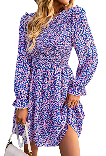 KIRUNDO Women Spring Summer Long Sleeve Floral Dress Casual Crewneck Smocked High Waist Ruffle A Line Flowy Mini Dresses(Blue, Small)