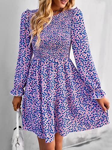 KIRUNDO Women Spring Summer Long Sleeve Floral Dress Casual Crewneck Smocked High Waist Ruffle A Line Flowy Mini Dresses(Blue, Small)