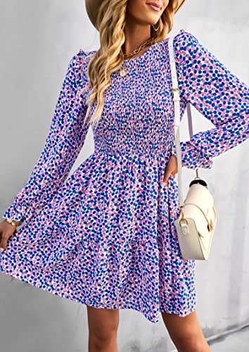 KIRUNDO Women Spring Summer Long Sleeve Floral Dress Casual Crewneck Smocked High Waist Ruffle A Line Flowy Mini Dresses(Blue, Small)