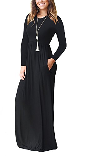 AUSELILY Maxi Dress for Women Long Sleeve Round Neck Black Long Dresses for Women with Pockets