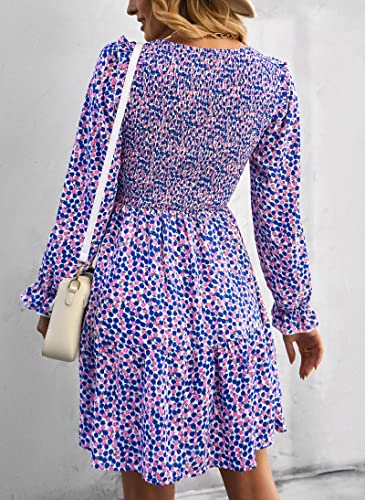 KIRUNDO Women Spring Summer Long Sleeve Floral Dress Casual Crewneck Smocked High Waist Ruffle A Line Flowy Mini Dresses(Blue, Small)