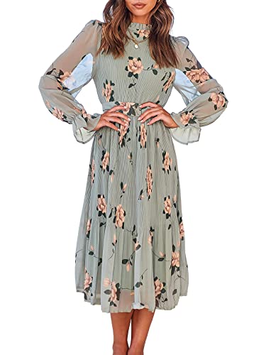 ANRABESS Women's Floral Midi Dress Puff Long Sleeve Casual Ruffle Chiffon A-Line Swing Pleated Belted Tea Party Dresses Floral Green Medium