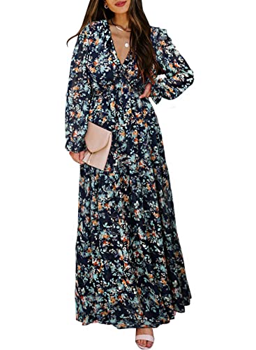 BLENCOT Women's Casual Boho Floral Printed Deep V Neck Loose Long Sleeve Long Evening Dress Ruched Cocktail Party Maxi Wedding Dress Navy Small