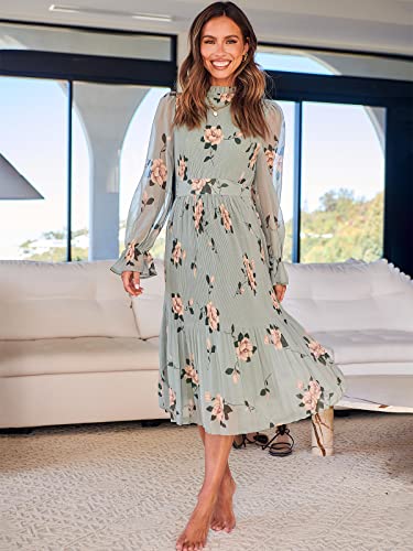ANRABESS Women's Floral Midi Dress Puff Long Sleeve Casual Ruffle Chiffon A-Line Swing Pleated Belted Tea Party Dresses Floral Green Medium