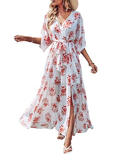 ANRABESS Women’s Summer Loose Boho Flowy Wrap V Neck 3/4 Sleeve Floral Print Slit Beach Wedding Guest Long Maxi Dresses 2024 Red Flor Small