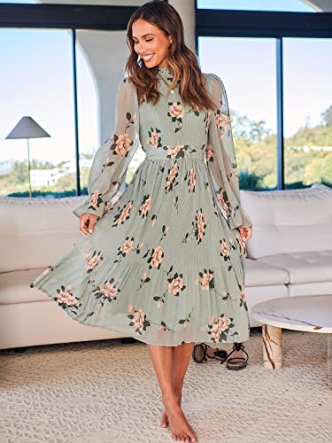 ANRABESS Women's Floral Midi Dress Puff Long Sleeve Casual Ruffle Chiffon A-Line Swing Pleated Belted Tea Party Dresses Floral Green Medium