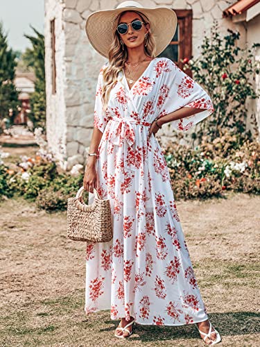 ANRABESS Women’s Summer Loose Boho Flowy Wrap V Neck 3/4 Sleeve Floral Print Slit Beach Wedding Guest Long Maxi Dresses 2024 Red Flor Small