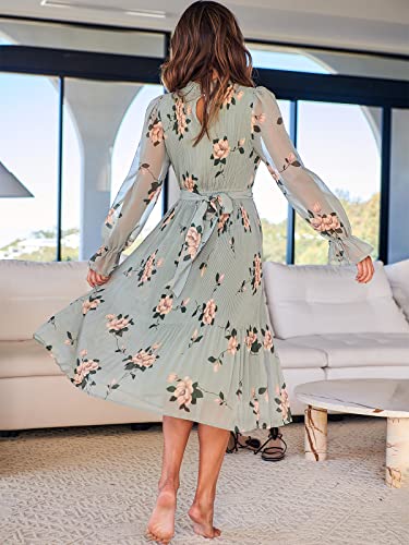 ANRABESS Women's Floral Midi Dress Puff Long Sleeve Casual Ruffle Chiffon A-Line Swing Pleated Belted Tea Party Dresses Floral Green Medium
