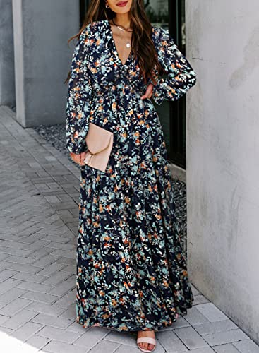 BLENCOT Women's Casual Boho Floral Printed Deep V Neck Loose Long Sleeve Long Evening Dress Ruched Cocktail Party Maxi Wedding Dress Navy Small