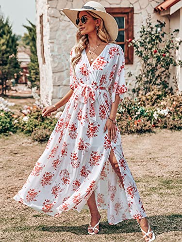 ANRABESS Women’s Summer Loose Boho Flowy Wrap V Neck 3/4 Sleeve Floral Print Slit Beach Wedding Guest Long Maxi Dresses 2024 Red Flor Small