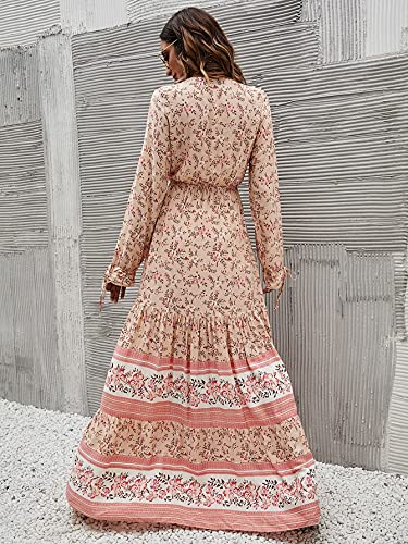 Floerns Women's Floral Print Boho V Neck Long Sleeve Flowy Maxi Dress Apricot M