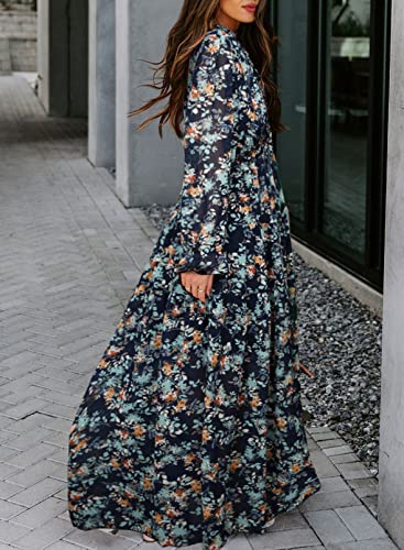 BLENCOT Women's Casual Boho Floral Printed Deep V Neck Loose Long Sleeve Long Evening Dress Ruched Cocktail Party Maxi Wedding Dress Navy Small
