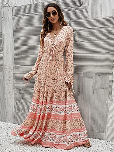 Floerns Women's Floral Print Boho V Neck Long Sleeve Flowy Maxi Dress Apricot M