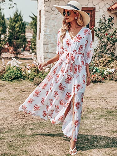 ANRABESS Women’s Summer Loose Boho Flowy Wrap V Neck 3/4 Sleeve Floral Print Slit Beach Wedding Guest Long Maxi Dresses 2024 Red Flor Small