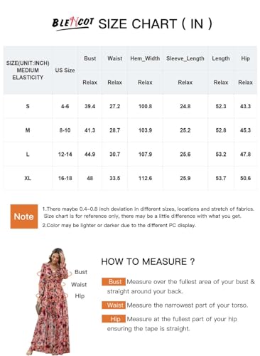BLENCOT Women's Casual Boho Floral Printed Deep V Neck Loose Long Sleeve Long Evening Dress Ruched Cocktail Party Maxi Wedding Dress Navy Small