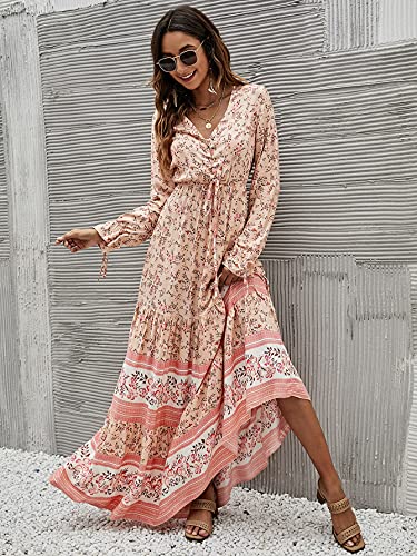 Floerns Women's Floral Print Boho V Neck Long Sleeve Flowy Maxi Dress Apricot M