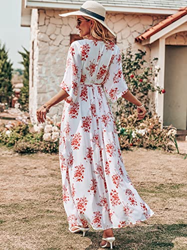 ANRABESS Women’s Summer Loose Boho Flowy Wrap V Neck 3/4 Sleeve Floral Print Slit Beach Wedding Guest Long Maxi Dresses 2024 Red Flor Small