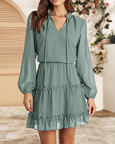 BTFBM Women Casual Spring Summer Dresses Tie V Neck Long Sleeve High Waist Ruffle Tiered A Line Swing Tunic Mini Dress(Dot Green, Medium)