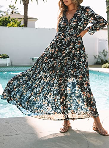 BLENCOT Women's Casual Boho Floral Printed Deep V Neck Loose Long Sleeve Long Evening Dress Ruched Cocktail Party Maxi Wedding Dress Navy Small