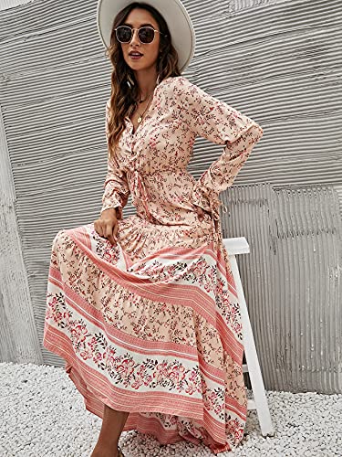 Floerns Women's Floral Print Boho V Neck Long Sleeve Flowy Maxi Dress Apricot M