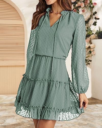 BTFBM Women Casual Spring Summer Dresses Tie V Neck Long Sleeve High Waist Ruffle Tiered A Line Swing Tunic Mini Dress(Dot Green, Medium)
