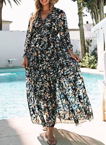 BLENCOT Women's Casual Boho Floral Printed Deep V Neck Loose Long Sleeve Long Evening Dress Ruched Cocktail Party Maxi Wedding Dress Navy Small