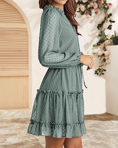 BTFBM Women Casual Spring Summer Dresses Tie V Neck Long Sleeve High Waist Ruffle Tiered A Line Swing Tunic Mini Dress(Dot Green, Medium)