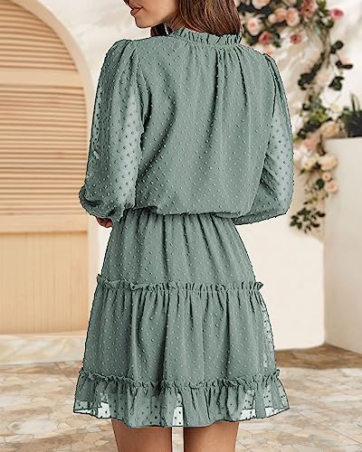 BTFBM Women Casual Spring Summer Dresses Tie V Neck Long Sleeve High Waist Ruffle Tiered A Line Swing Tunic Mini Dress(Dot Green, Medium)