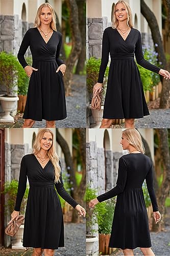 OUGES Women's Fall Dresses for Women 2023 Long Sleeve V Neck Teacher Outfits Maternity Dress with Pockets (Black,XL)