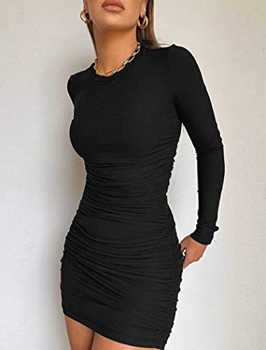 Valiamcep Women Sexy Casual Ribbed Short Mini Dress Long Sleeve Bodycon Fall Dresses Black S
