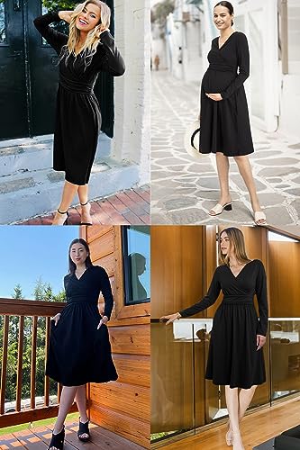 OUGES Women's Fall Dresses for Women 2023 Long Sleeve V Neck Teacher Outfits Maternity Dress with Pockets (Black,XL)