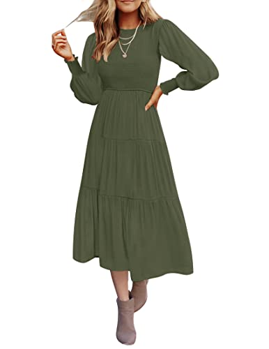 ZESICA Women's 2024 Casual Long Sleeve Crew Neck High Waist Smocked Flowy Tiered Midi Dress,ArmyGreen,Medium