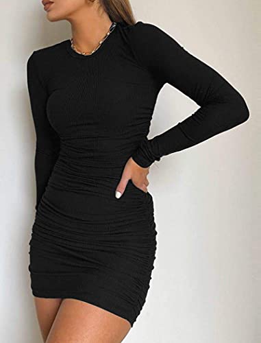 Valiamcep Women Sexy Casual Ribbed Short Mini Dress Long Sleeve Bodycon Fall Dresses Black S