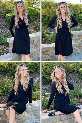 OUGES Women's Fall Dresses for Women 2023 Long Sleeve V Neck Teacher Outfits Maternity Dress with Pockets (Black,XL)