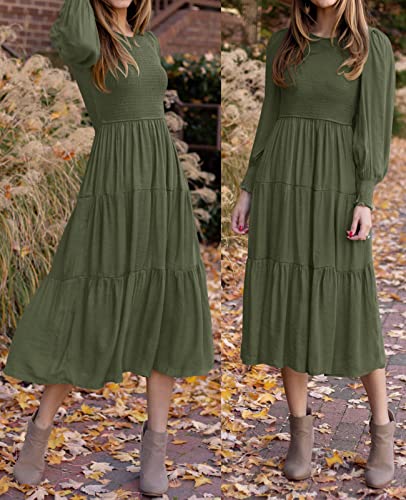 ZESICA Women's 2024 Casual Long Sleeve Crew Neck High Waist Smocked Flowy Tiered Midi Dress,ArmyGreen,Medium