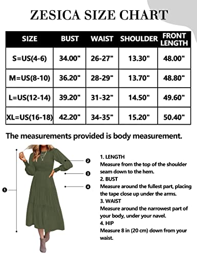ZESICA Women's 2024 Casual Long Sleeve Crew Neck High Waist Smocked Flowy Tiered Midi Dress,ArmyGreen,Medium