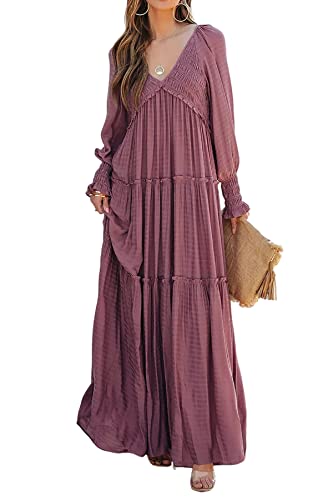 R.Vivimos Maxi Dress for Women Long Sleeve V Neck Empire Waist Layered Ruffle Boho Casual Flowy Long Dresses (Small, DarkRose)
