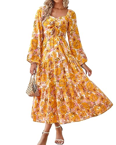 BTFBM Women Fall Fashion Floral Boho Dresses Puff Long Sleeve Smocked Cut Out Ruffle Flare Holiday Vacation Maxi Dress(Big Floral White Yellow, Small)